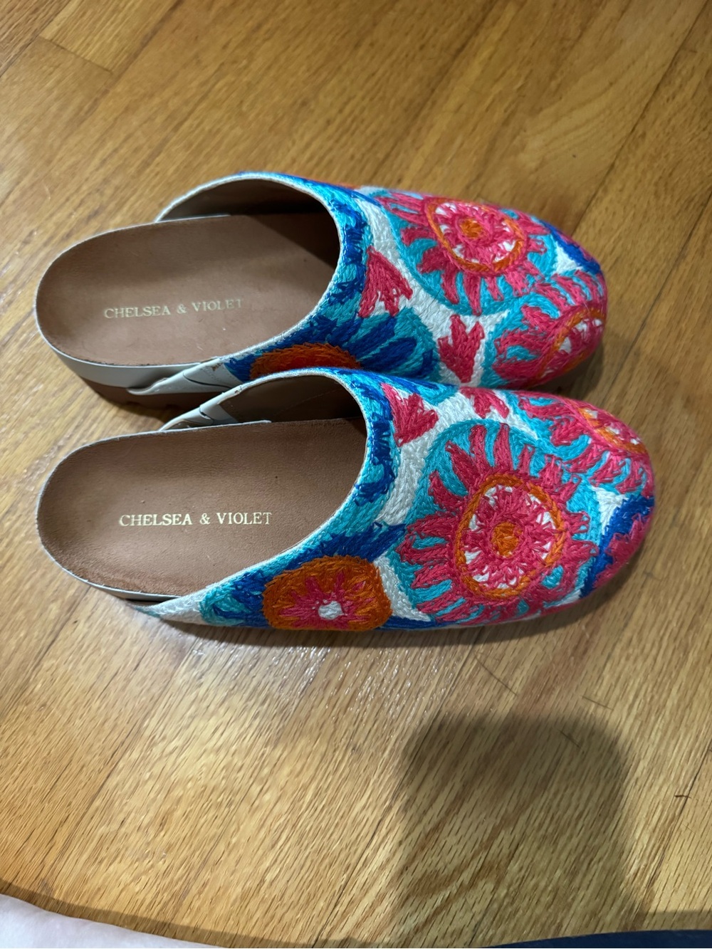 Chelsea & Violet Floral Embroidered Slip-On Mules in Pink, Teal, Orange